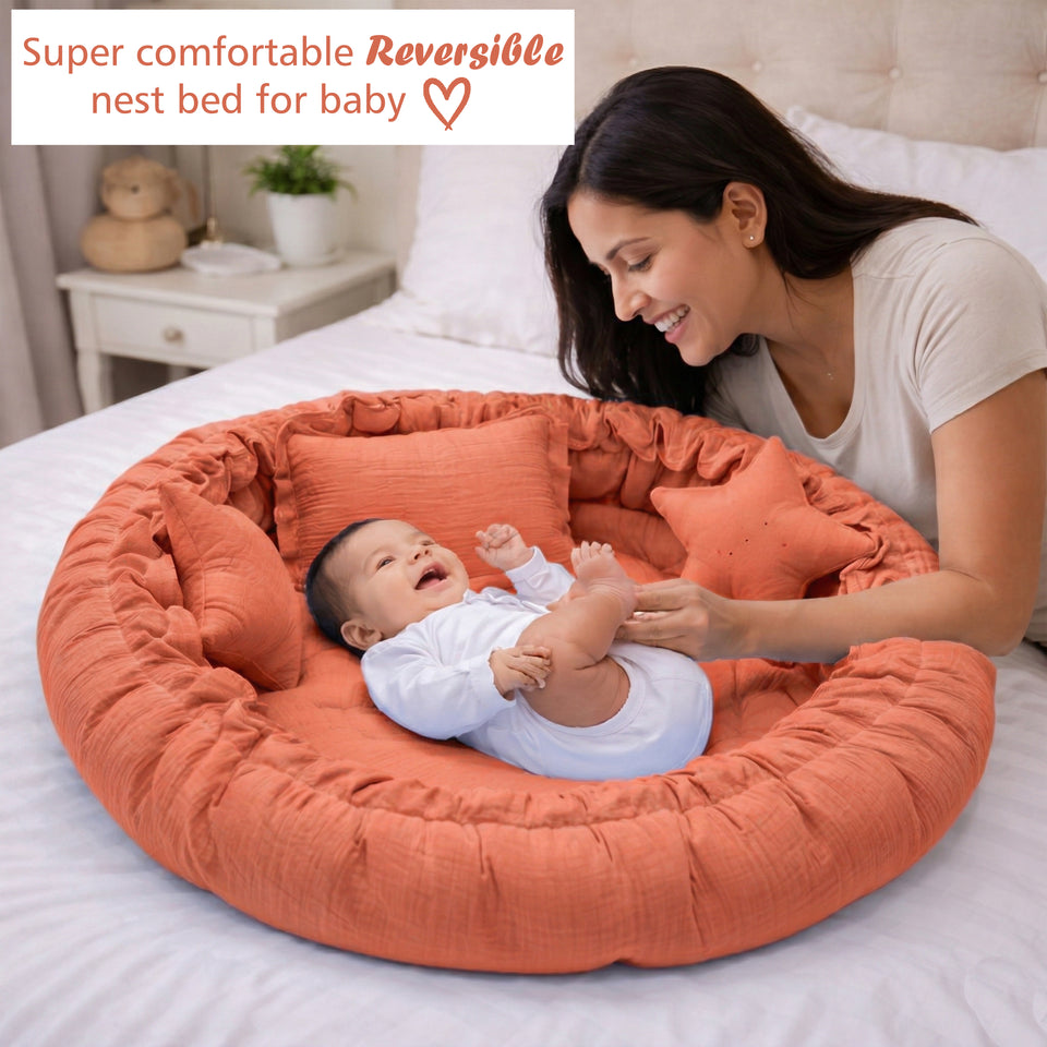 Fareto Newborn Baby 100% Muslin Cotton Bedding Set Combo | Sleeping Bag | Mattress with Net | Nest  | Blanket | Hand Carry Bed & Bolster Set |  (0-6 Months)(F742)