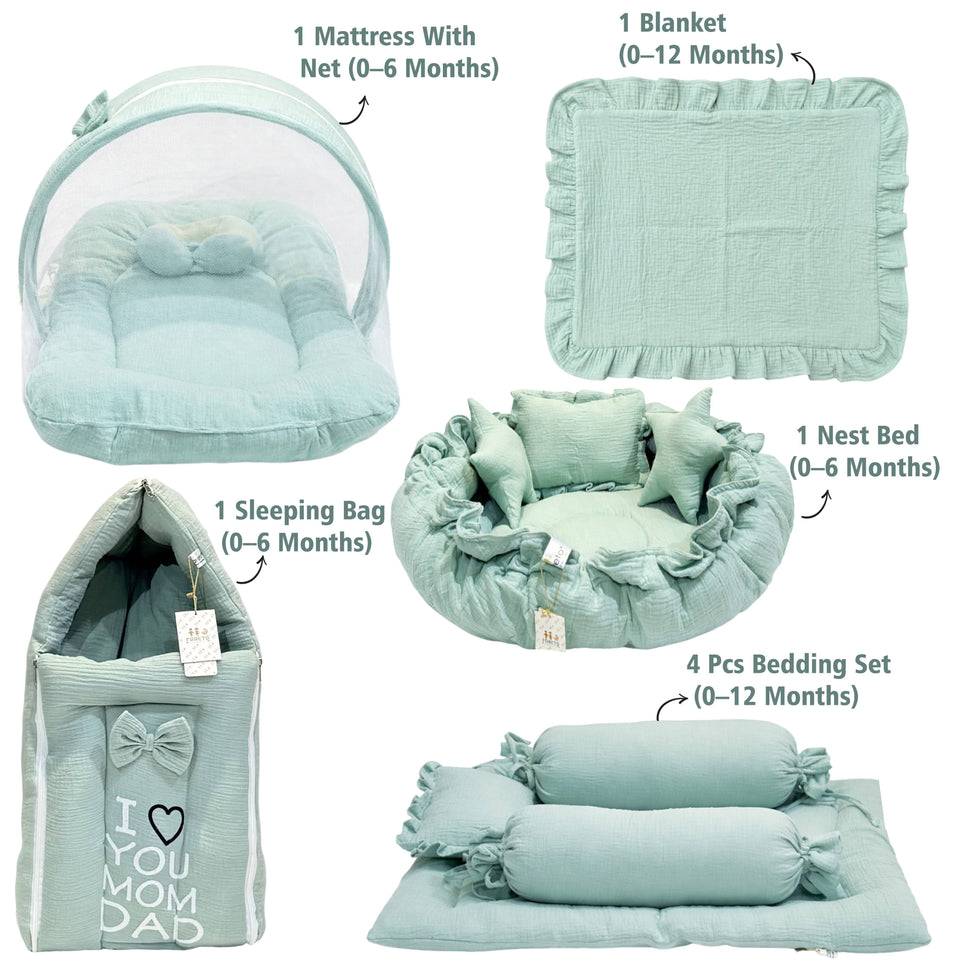 Fareto Newborn Baby 100% Muslin Cotton Bedding Set Combo | Sleeping Bag | Mattress with Net | Nest  | Blanket | Hand Carry Bed & Bolster Set |  (0-6 Months)(F735)
