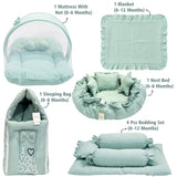 Fareto Newborn Baby 100% Muslin Cotton Bedding Set Combo | Sleeping Bag | Mattress with Net | Nest  | Blanket | Hand Carry Bed & Bolster Set |  (0-6 Months)(F735)