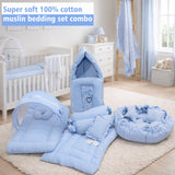 Fareto Newborn Baby 100% Muslin Cotton Bedding Set Combo | Sleeping Bag | Mattress with Net | Nest  | Blanket | Hand Carry Bed & Bolster Set |  (0-6 Months)(F721)