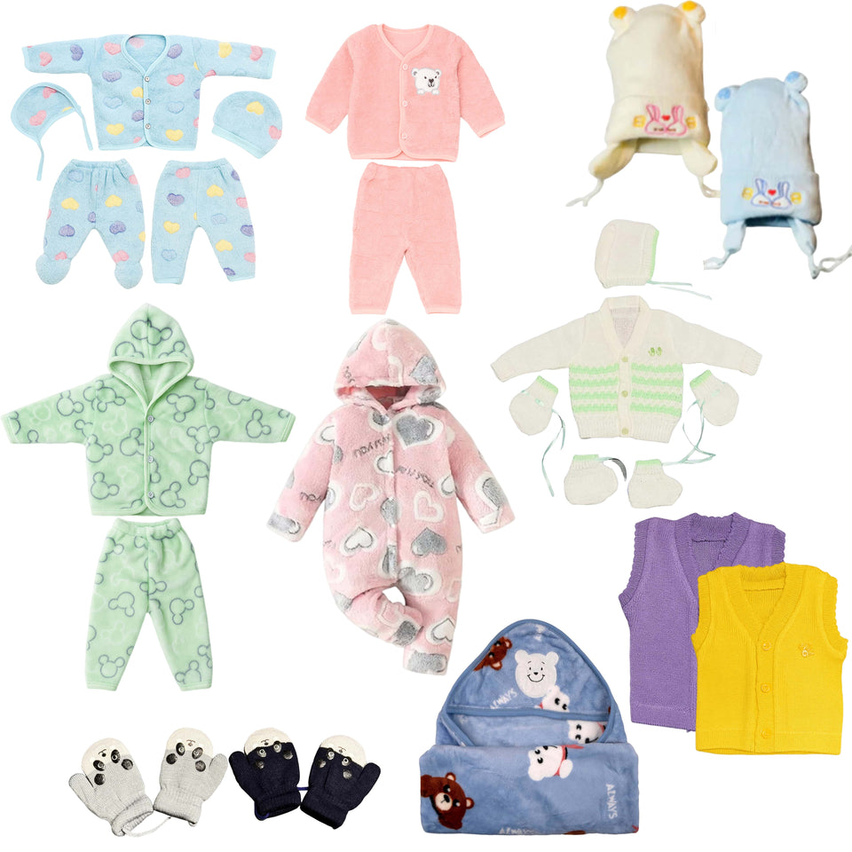 Fareto Newborn Baby Winter Clothing Combo Set – 22 in 1 Woolen & Fleece Essentials Kit for 0–6 Months | Super soft All in 1 winter clothing set | Gift Set for Newborns(F604)