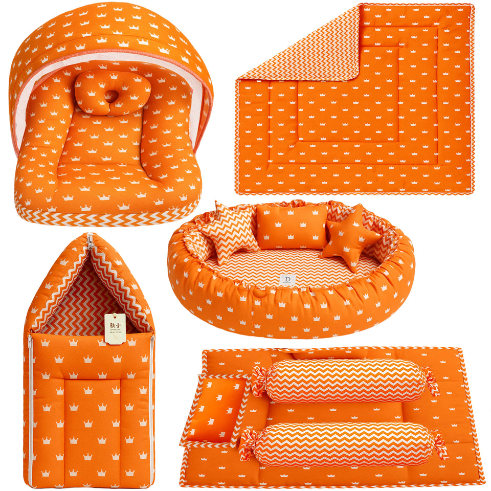 Fareto New Born Baby Full Bedding Set Combo (Crown Orange) (0-6 Months)