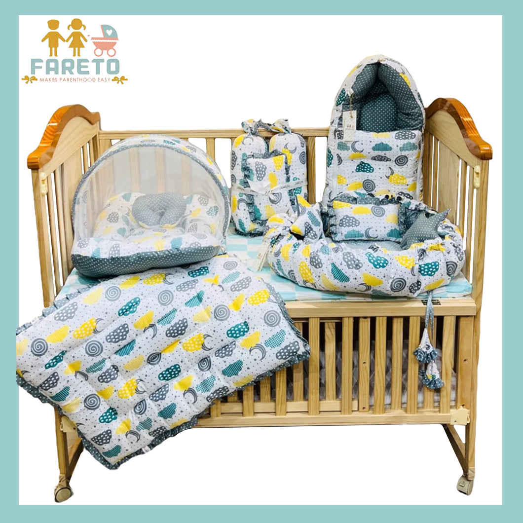 FARETO NEW BORN BABY FULL BEDDING SET COMBO (0-6 MONTHS)(GREY_SPRIAL)