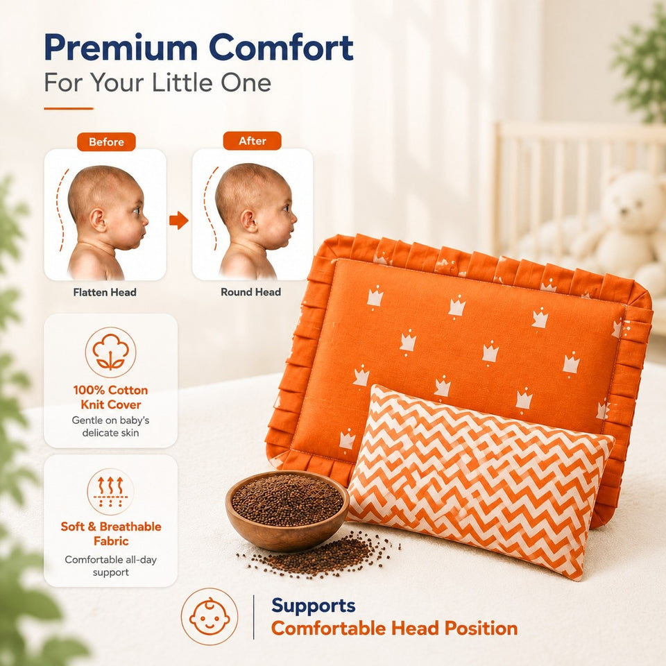 Fareto new born baby super soft cover mustard filling pillow for round head(0-1 YEAR)(F347)