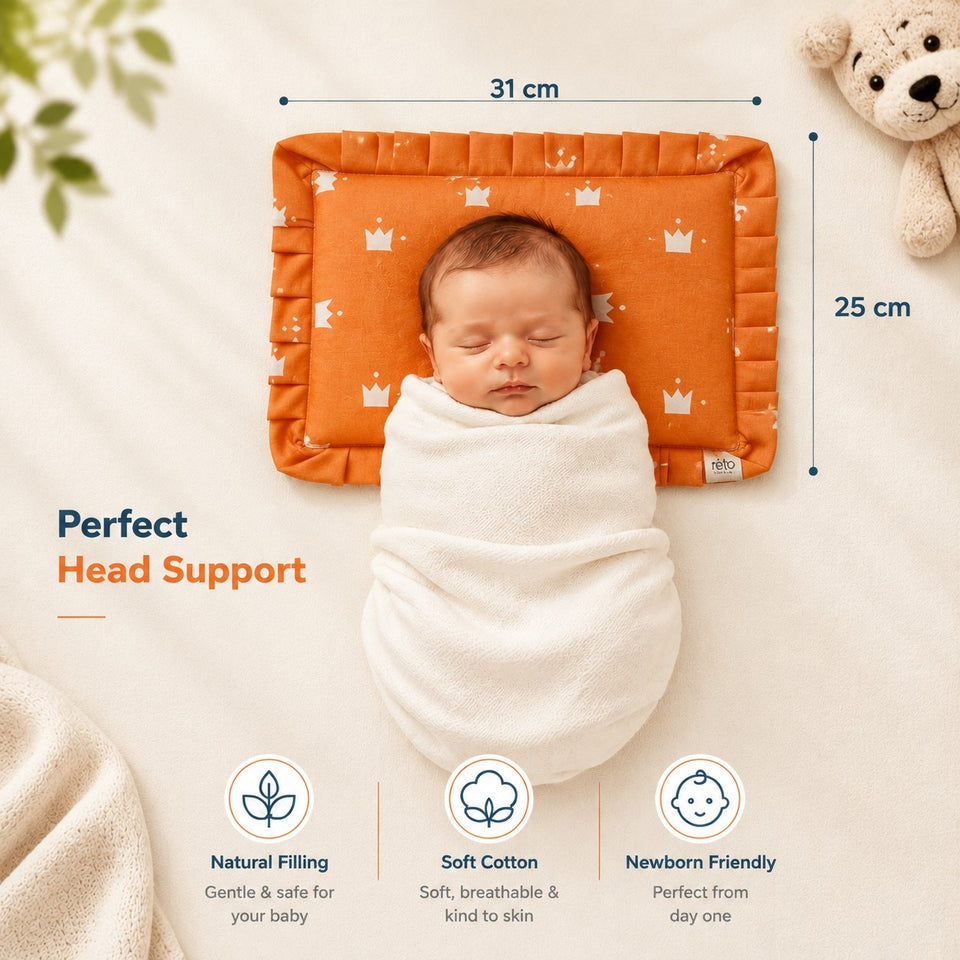 Fareto new born baby super soft cover mustard filling pillow for round head(0-1 YEAR)(F347)