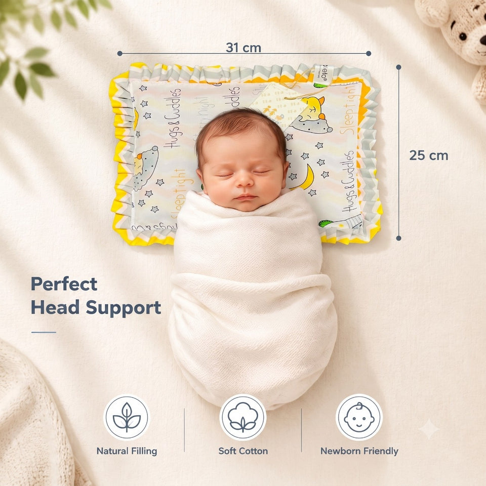 Fareto new born baby super soft cover mustard filling pillow for round head(0-1 YEAR)(F421)