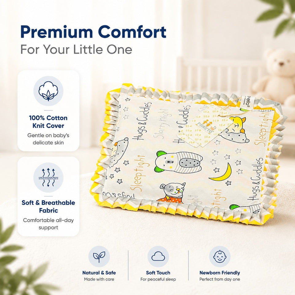 Fareto new born baby super soft cover mustard filling pillow for round head(0-1 YEAR)(F421)