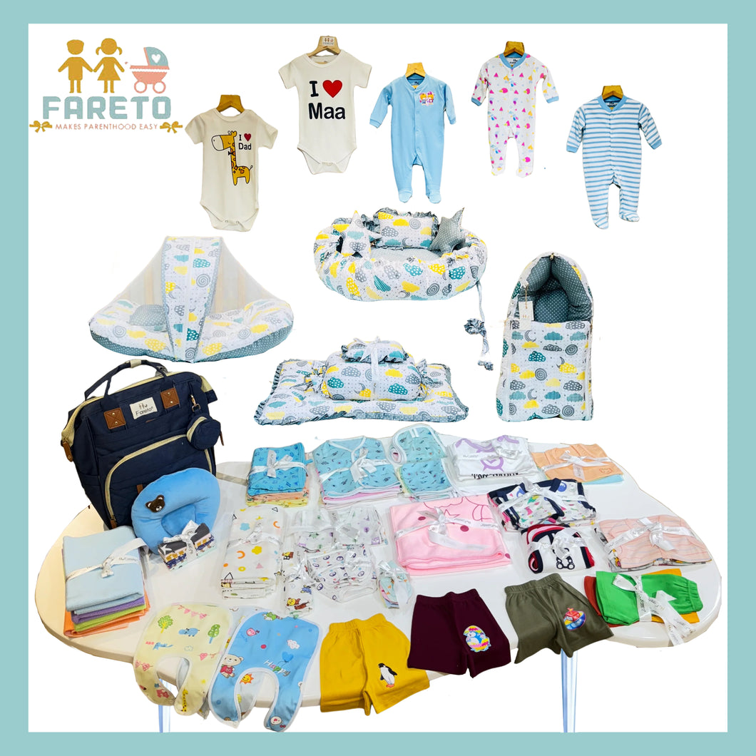 FARETO NEW BORN BABY PREMIUM QUALITY 101 SUMMER & MODERATE COMBO BABY ESSENTIALS ALL IN 1(0-6 MONTHS)