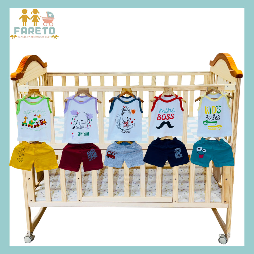 FARETO BABY & KIDS 100% COTTON SUMMER 5 SHOLDER TOUCH BUTTON WHITE T-SHIRTS & 5 NEKAR COMBO