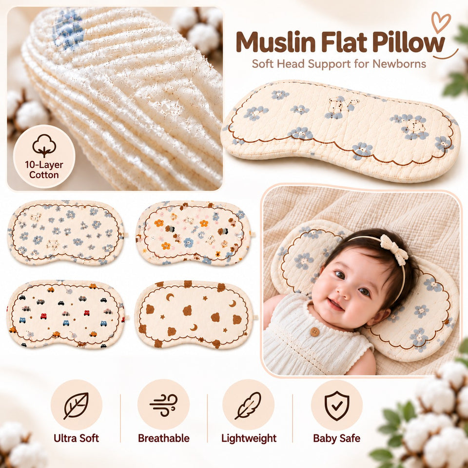 Fareto Muslin Baby Pillow for Newborns | Soft, Breathable & Lightweight Flat Pillow | Gentle Cotton Muslin Sleeping Pillow(F799)