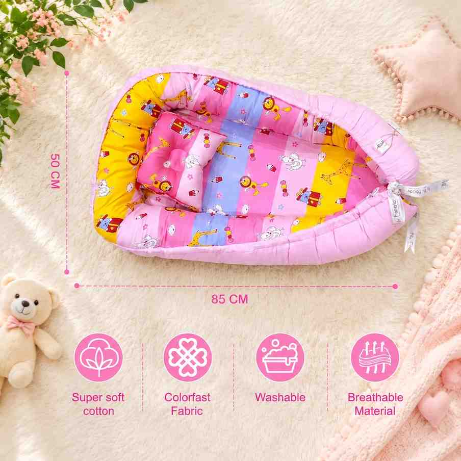 Fareto Reversible Oval Nest Baby Lounger Bed with Head Pillow | Soft Cotton Newborn Sleeping Nest (0–12 Months) | Breathable & Washable Infant Bed | (Pink Ziffi)(F763)