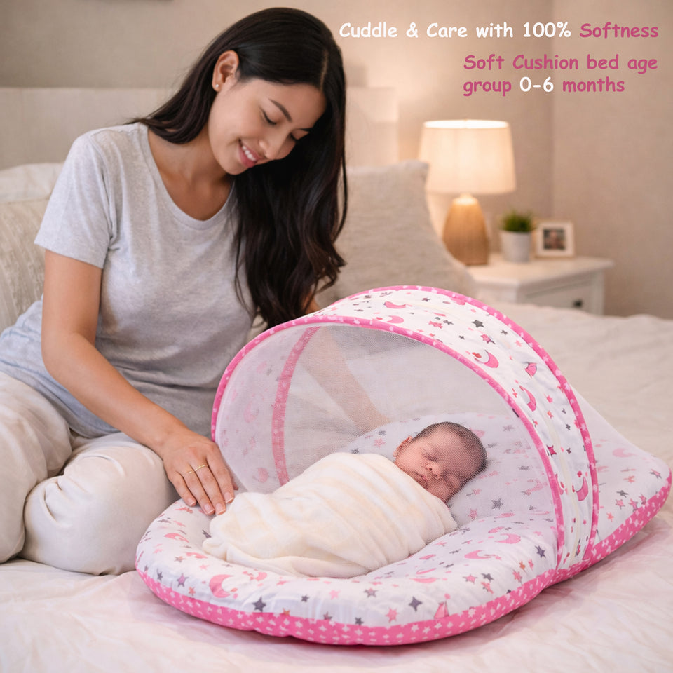 Fareto Combo of Baby Bed with Net | Carry Bag | 4 Pcs Bedding Set (0-6 Months)(F161)