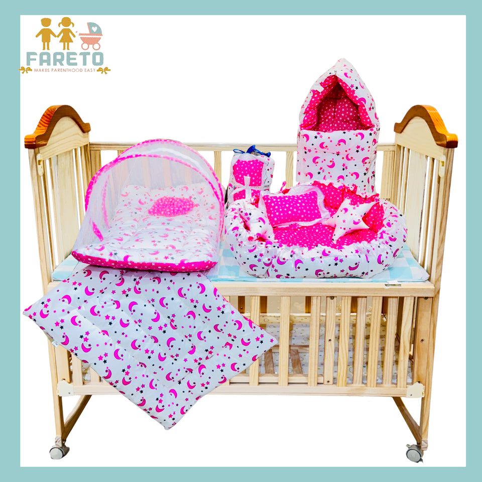 Fareto Combo of Baby Nest | Net with Bed | Carry Bag | 4 Pcs Bedding Set(0-6 Months )