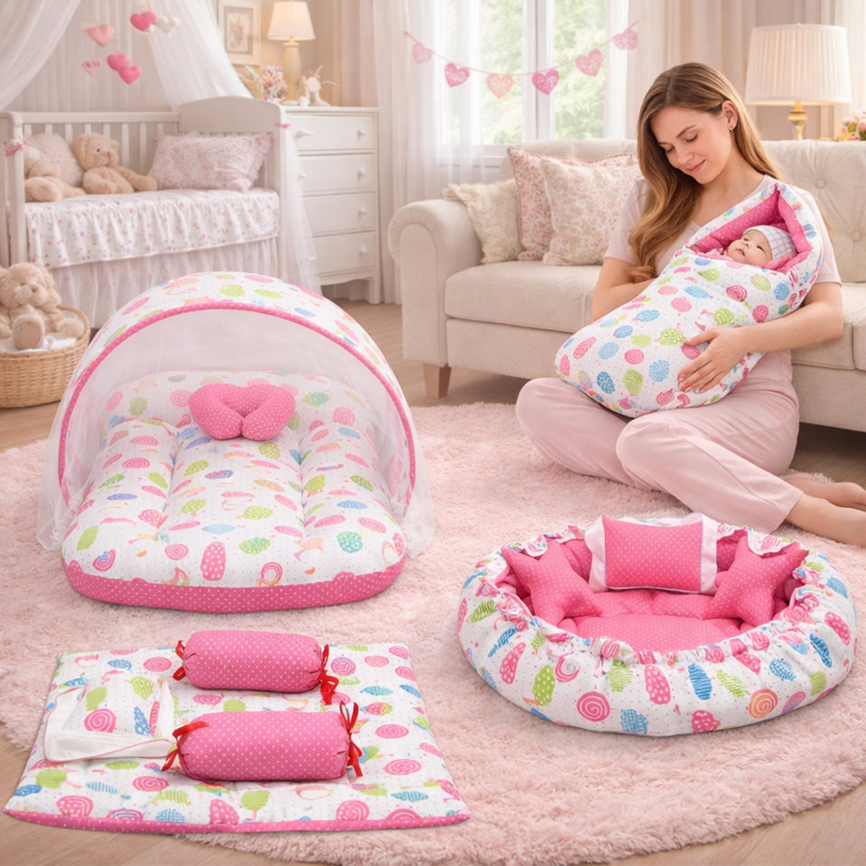 FARETO COMPLETE BEDDING SET ESSENTIALS COMBO FOR BABY (0-6 MONTHS)(PEACH SPIRAL)(F320)