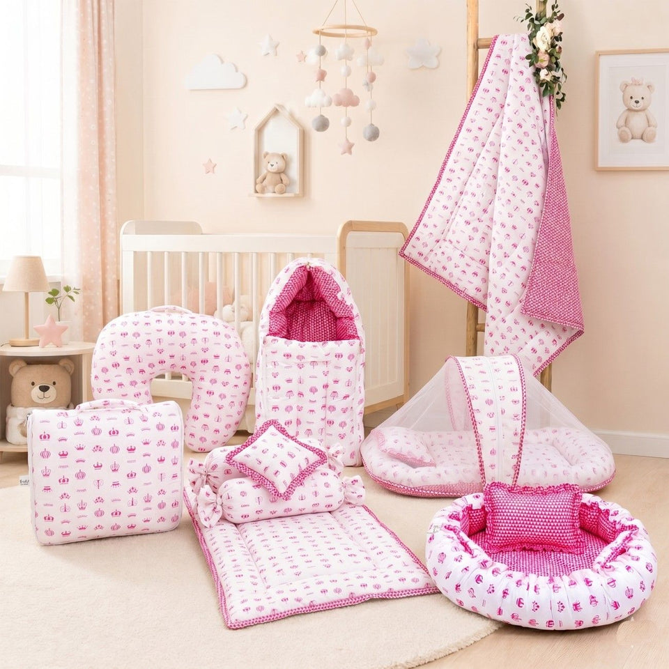 FARETO BABY BEDDING ESSENTIALS 1 NEST | 1 MATTRESS WITH NET | 1 CARRY BED | 1 BOLSTER SET | 1 CARRY BAG | 1 PORTABLE BED | 1 FEEDING PILLOW | 1 BLANKET (0-6M)(PINK TAJ)(F580)