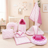 FARETO BABY BEDDING ESSENTIALS 1 NEST | 1 MATTRESS WITH NET | 1 CARRY BED | 1 BOLSTER SET | 1 CARRY BAG | 1 PORTABLE BED | 1 FEEDING PILLOW | 1 BLANKET (0-6M)(PINK TAJ)(F580)