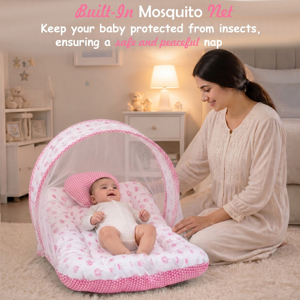 FARETO BABY BEDDING ESSENTIALS 1 NEST | 1 MATTRESS WITH NET | 1 CARRY BED | 1 BOLSTER SET | 1 CARRY BAG | 1 PORTABLE BED | 1 FEEDING PILLOW | 1 BLANKET (0-6M)(PINK TAJ)(F580)