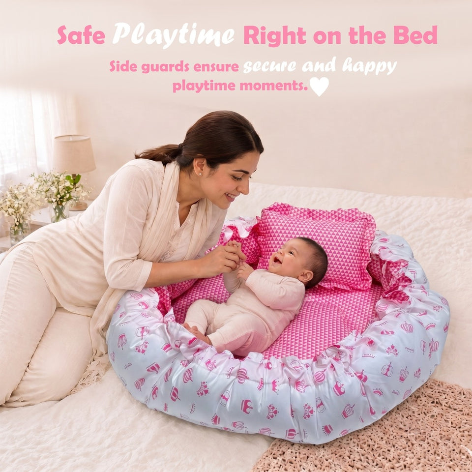FARETO BABY BEDDING ESSENTIALS 1 NEST | 1 MATTRESS WITH NET | 1 CARRY BED | 1 BOLSTER SET | 1 CARRY BAG | 1 PORTABLE BED | 1 FEEDING PILLOW | 1 BLANKET (0-6M)(PINK TAJ)(F580)