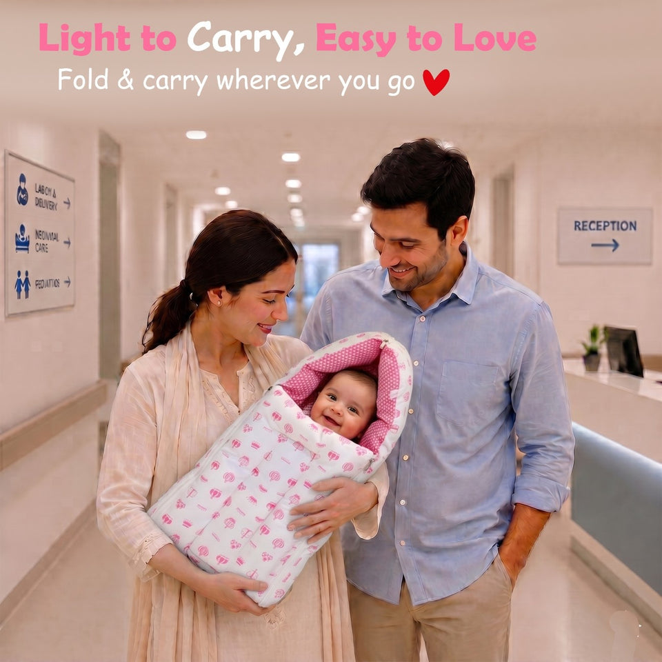 FARETO BABY BEDDING ESSENTIALS 1 NEST | 1 MATTRESS WITH NET | 1 CARRY BED | 1 BOLSTER SET | 1 CARRY BAG | 1 PORTABLE BED | 1 FEEDING PILLOW | 1 BLANKET (0-6M)(PINK TAJ)(F580)