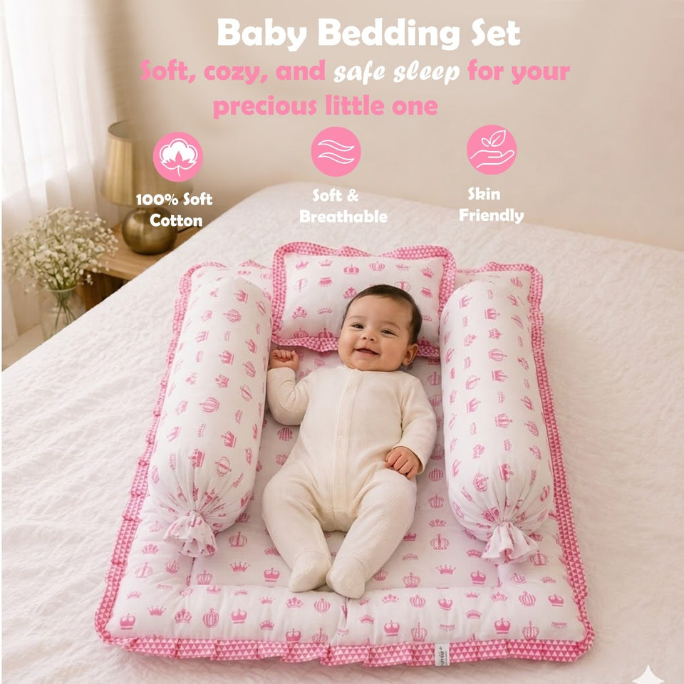 FARETO BABY BEDDING ESSENTIALS 1 NEST | 1 MATTRESS WITH NET | 1 CARRY BED | 1 BOLSTER SET | 1 CARRY BAG | 1 PORTABLE BED | 1 FEEDING PILLOW | 1 BLANKET (0-6M)(PINK TAJ)(F580)