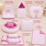 FARETO BABY BEDDING ESSENTIALS 1 NEST | 1 MATTRESS WITH NET | 1 CARRY BED | 1 BOLSTER SET | 1 CARRY BAG | 1 PORTABLE BED | 1 FEEDING PILLOW | 1 BLANKET (0-6M)(PINK TAJ)(F580)