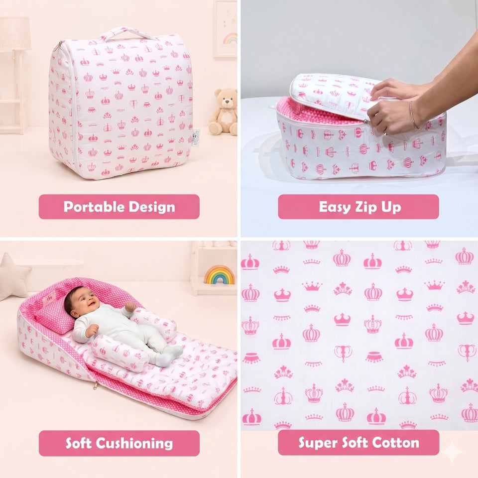 FARETO BABY BEDDING ESSENTIALS 1 NEST | 1 MATTRESS WITH NET | 1 CARRY BED | 1 BOLSTER SET | 1 CARRY BAG | 1 PORTABLE BED | 1 FEEDING PILLOW | 1 BLANKET (0-6M)(PINK TAJ)(F580)