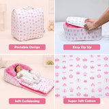 FARETO BABY BEDDING ESSENTIALS 1 NEST | 1 MATTRESS WITH NET | 1 CARRY BED | 1 BOLSTER SET | 1 CARRY BAG | 1 PORTABLE BED | 1 FEEDING PILLOW | 1 BLANKET (0-6M)(PINK TAJ)(F580)
