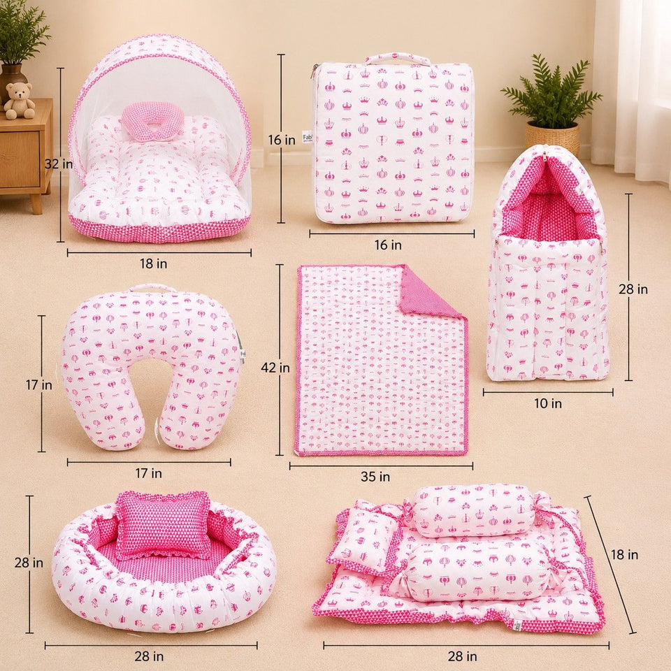 FARETO BABY BEDDING ESSENTIALS 1 NEST | 1 MATTRESS WITH NET | 1 CARRY BED | 1 BOLSTER SET | 1 CARRY BAG | 1 PORTABLE BED | 1 FEEDING PILLOW | 1 BLANKET (0-6M)(PINK TAJ)(F580)