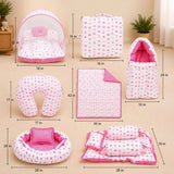 FARETO BABY BEDDING ESSENTIALS 1 NEST | 1 MATTRESS WITH NET | 1 CARRY BED | 1 BOLSTER SET | 1 CARRY BAG | 1 PORTABLE BED | 1 FEEDING PILLOW | 1 BLANKET (0-6M)(PINK TAJ)(F580)