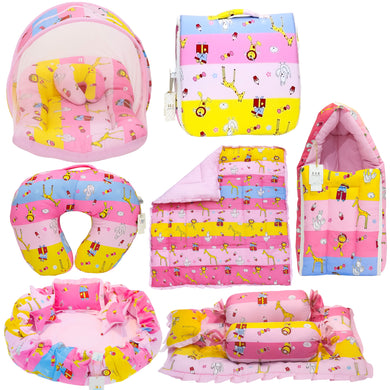 FARETO BABY BEDDING ESSENTIALS 1 NEST | 1 MATTRESS WITH NET | 1 CARRY BED | 1 BOLSTER SET | 1 CARRY BAG | 1 PORTABLE BED | 1 FEEDING PILLOW | 1 BLANKET (0-6M)(Pink Giraffe)