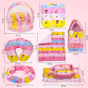 FARETO BABY BEDDING ESSENTIALS 1 NEST | 1 MATTRESS WITH NET | 1 CARRY BED | 1 BOLSTER SET | 1 CARRY BAG | 1 PORTABLE BED | 1 FEEDING PILLOW | 1 BLANKET (0-6M)(Pink Giraffe)