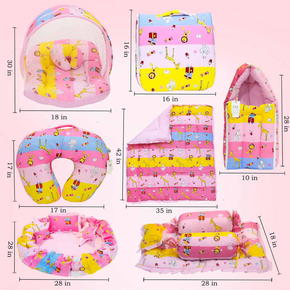 FARETO BABY BEDDING ESSENTIALS 1 NEST | 1 MATTRESS WITH NET | 1 CARRY BED | 1 BOLSTER SET | 1 CARRY BAG | 1 PORTABLE BED | 1 FEEDING PILLOW | 1 BLANKET (0-6M)(Pink Giraffe)