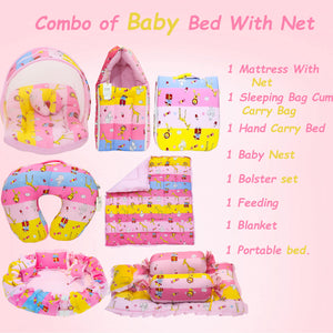 FARETO BABY BEDDING ESSENTIALS 1 NEST | 1 MATTRESS WITH NET | 1 CARRY BED | 1 BOLSTER SET | 1 CARRY BAG | 1 PORTABLE BED | 1 FEEDING PILLOW | 1 BLANKET (0-6M)(Pink Giraffe)