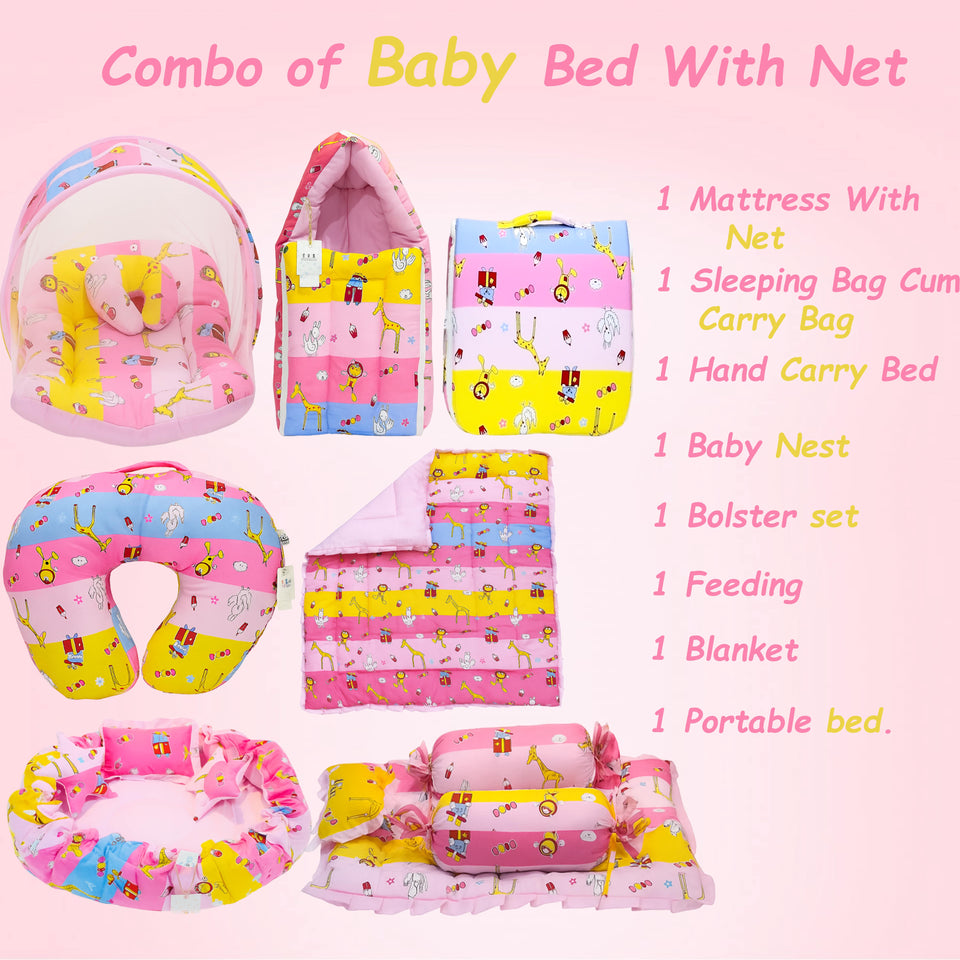 FARETO BABY BEDDING ESSENTIALS 1 NEST | 1 MATTRESS WITH NET | 1 CARRY BED | 1 BOLSTER SET | 1 CARRY BAG | 1 PORTABLE BED | 1 FEEDING PILLOW | 1 BLANKET (0-6M)(Pink Giraffe)