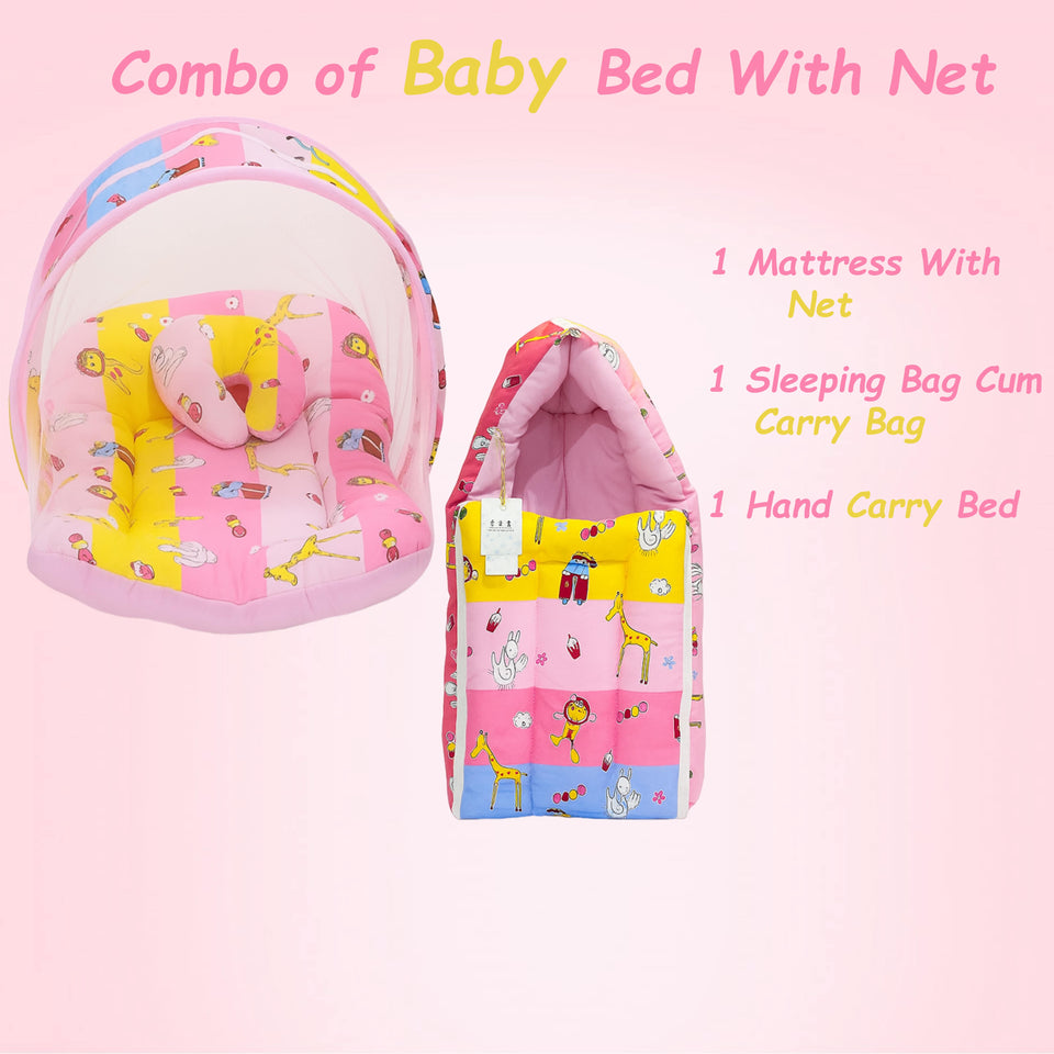 Fareto New Born Baby Premium Quality Mattress with Net & Sleeping Bag(0- 4Months)(Pink Ziraf)