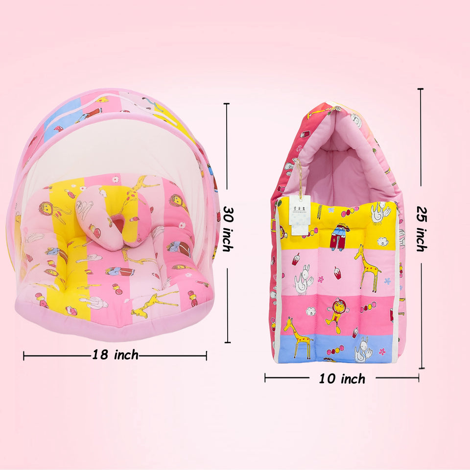 Fareto New Born Baby Premium Quality Mattress with Net & Sleeping Bag(0- 4Months)(Pink Ziraf)