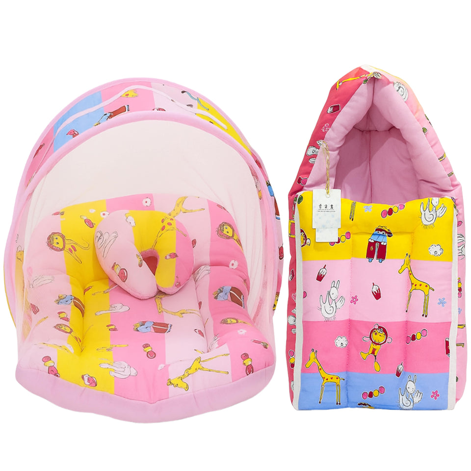 Fareto New Born Baby Premium Quality Mattress with Net & Sleeping Bag(0- 4Months)(Pink Ziraf)