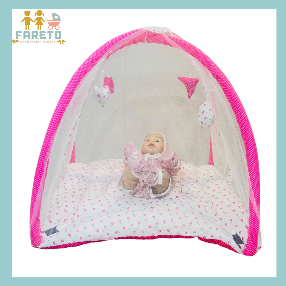 Fareto New Born Baby Bedding Play Gym Mattress with Net (0-6 Months)(blue heart & pink heart)