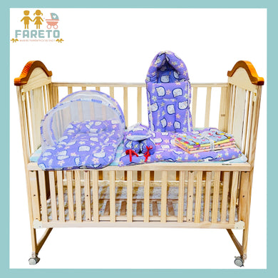 Fareto New Born Baby Combo of Mattress with Net | Sleeping Bag | 4 Pcs Bedding Set | 4 Sheets(0-6 Months)