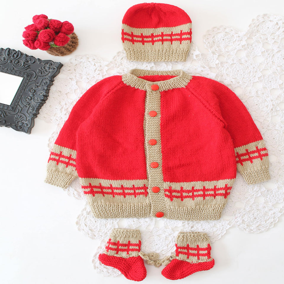 Fareto Baby Handmade Woolen Baby Sweater Set with Cap & Booties | Warm Winter Wear for Newborns (0-12 Months)