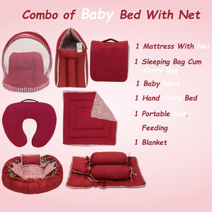 Fareto Baby bedding Essentials 1 Nest | 1 Mattress with net | 1 Carry bed | 1 Bolster set | 1 Carry bag | 1 Portable bed | 1 Feeding pillow | 1 Blanket (0-6M)
