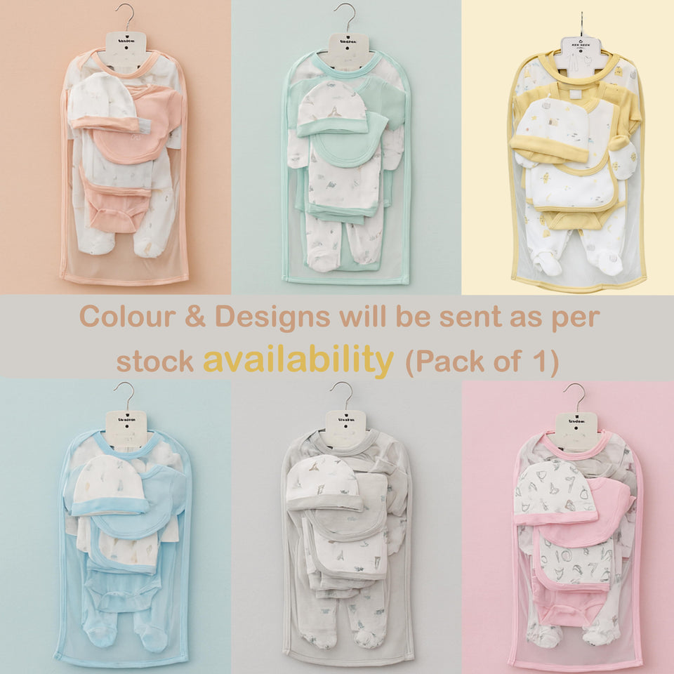 Fareto Baby Gift Set – 6 Piece Newborn Clothing Combo | Bodysuit, , Bib, Cap, Mittens & Blanket | High quality 100% cotton|  (0–6 Months,)(F641)