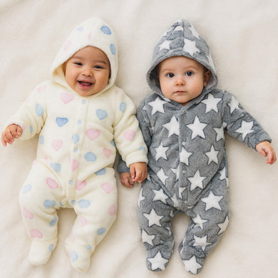 Fareto Winter Hooded Romper for Newborn Baby | Warm &  Super Soft Fleece Fabric | Front Open Style | Full Body Coverage (Pack of 2)(0–4 Months)(F612)