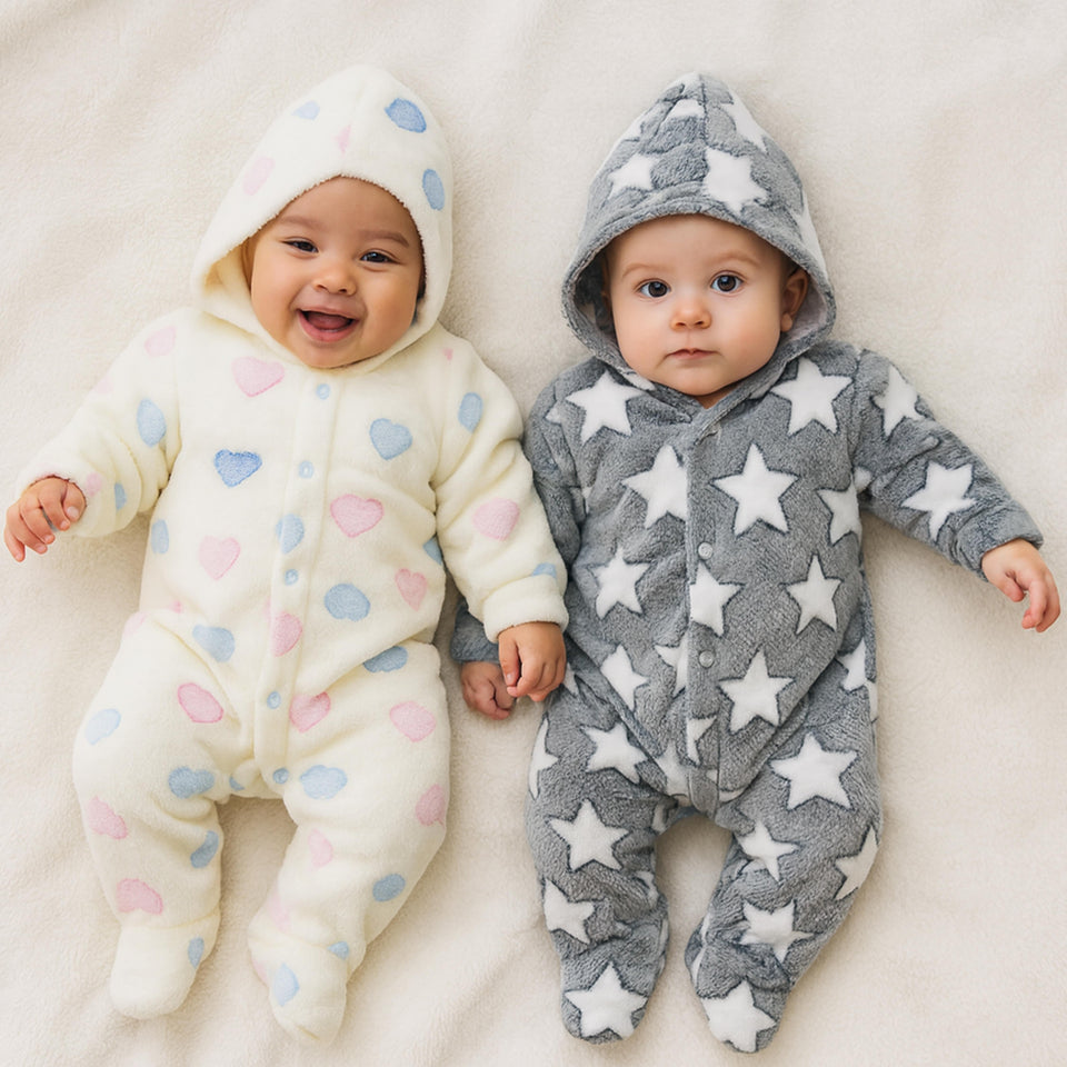 Fareto Winter Hooded Romper for Newborn Baby | Warm &  Super Soft Fleece Fabric | Front Open Style | Full Body Coverage (Pack of 2)(0–4 Months)(F612)