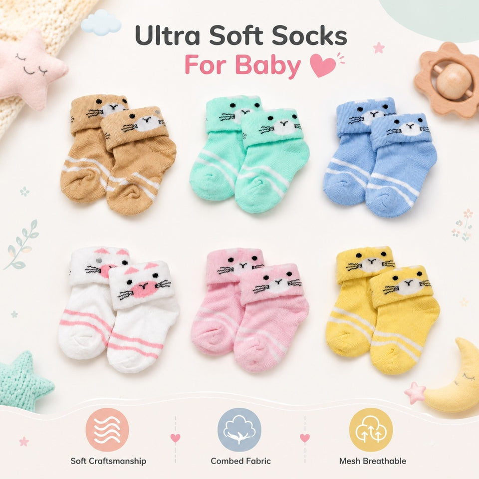 Fareto new born baby premium ultra soft socks for baby pack of 6 (0-12 months)F405