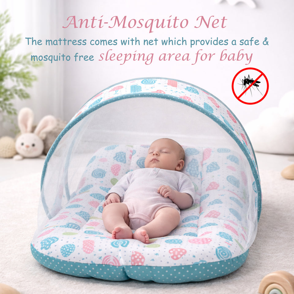 FARETO COMBO OF BABY MATTRESS WITH NET | SLEEPING BAG | 4 PCS BEDDING SET(0-6 MONTHS)(PISTA GREEN SPIRAL)(F324)