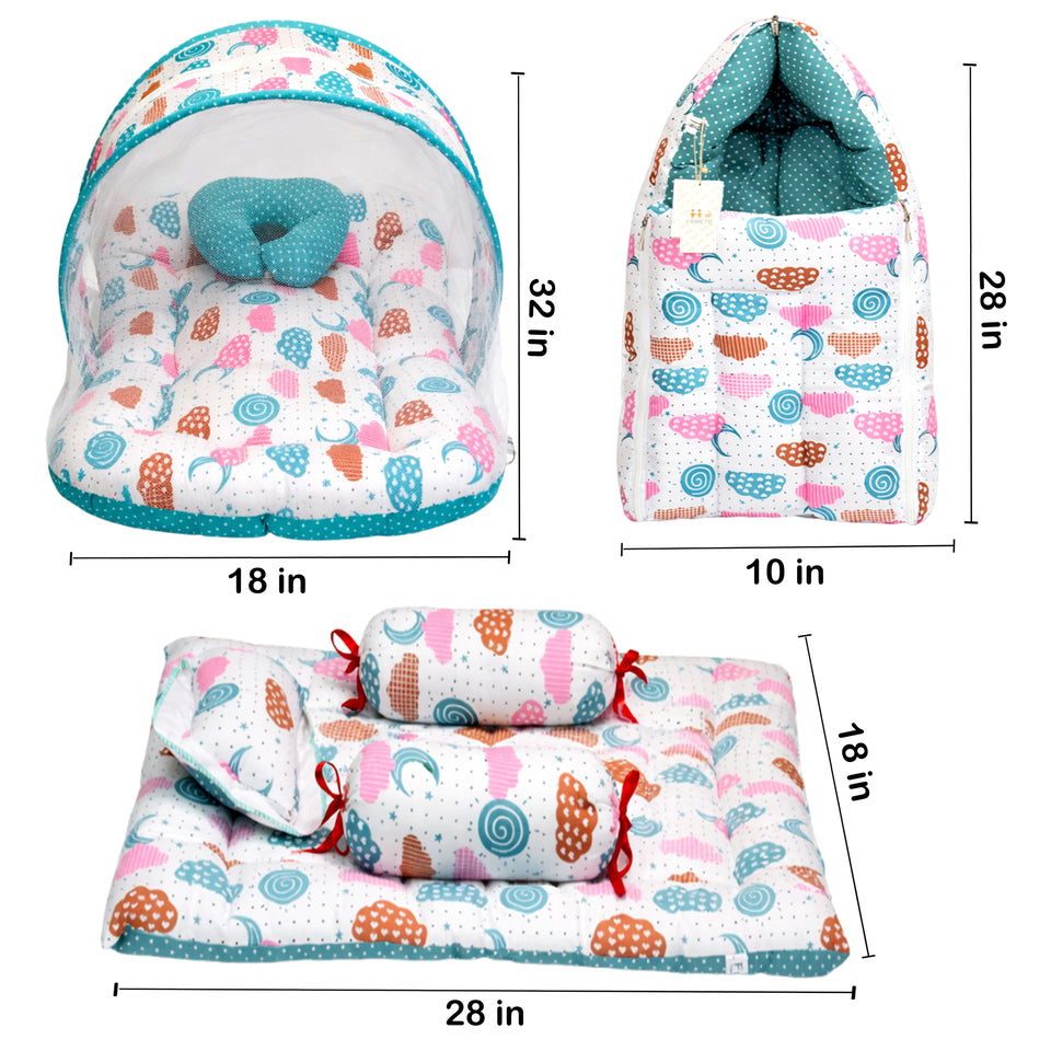FARETO COMBO OF BABY MATTRESS WITH NET | SLEEPING BAG | 4 PCS BEDDING SET(0-6 MONTHS)(PISTA GREEN SPIRAL)(F324)
