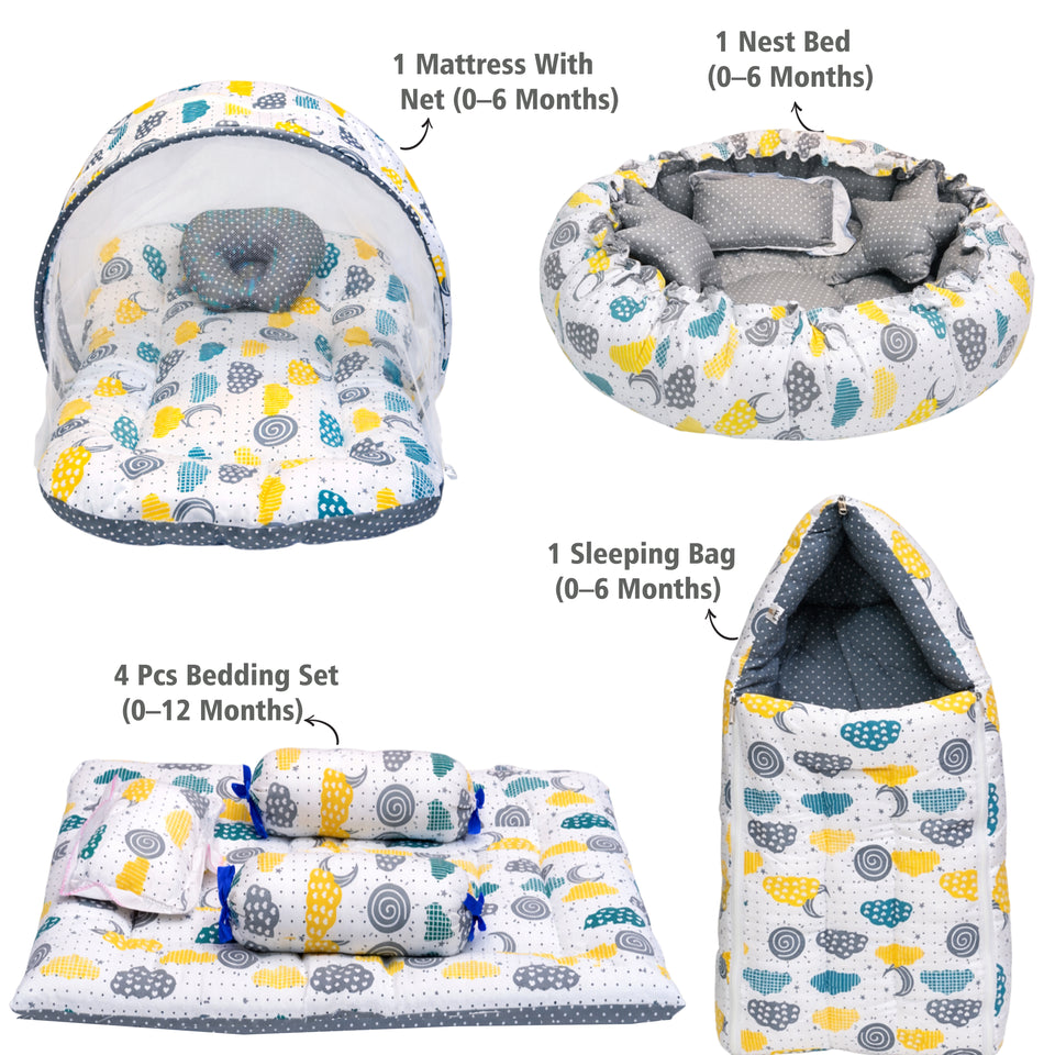 FARETO COMPLETE BEDDING SET ESSENTIALS COMBO FOR BABY (0-6 MONTHS)(GREY SPIRAL)(F319)