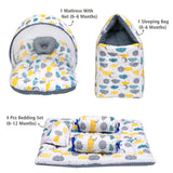 FARETO COMBO OF BABY MATTRESS WITH NET | SLEEPING BAG | 4 PCS BEDDING SET(0-6 MONTHS) (GREY SPIRAL)(F322)