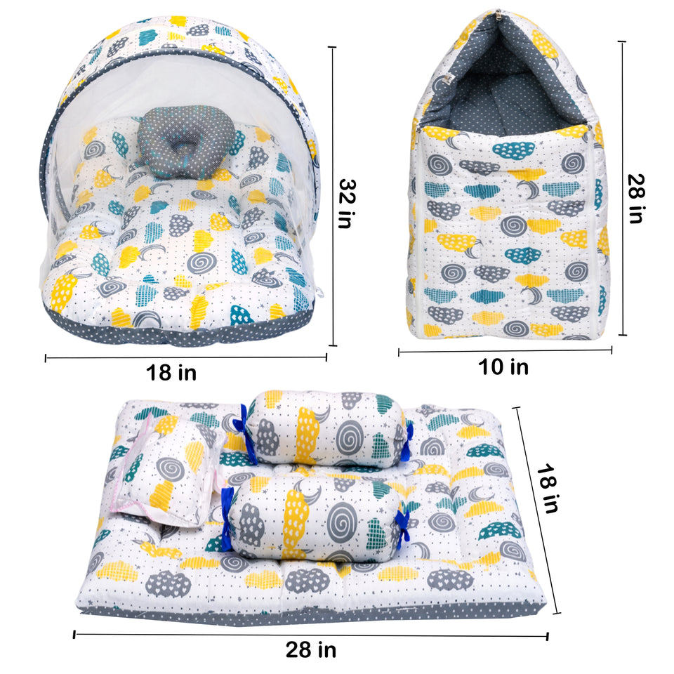 FARETO COMBO OF BABY MATTRESS WITH NET | SLEEPING BAG | 4 PCS BEDDING SET(0-6 MONTHS) (GREY SPIRAL)(F322)